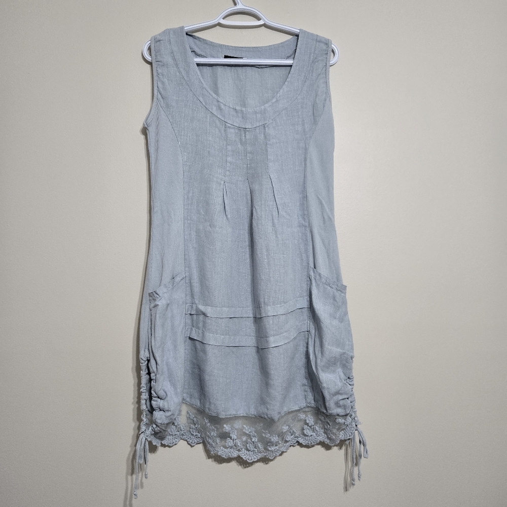 100%LINBLANC Women's Cotton Linen Light Blue Knee-Length Tank Dress, size S/M